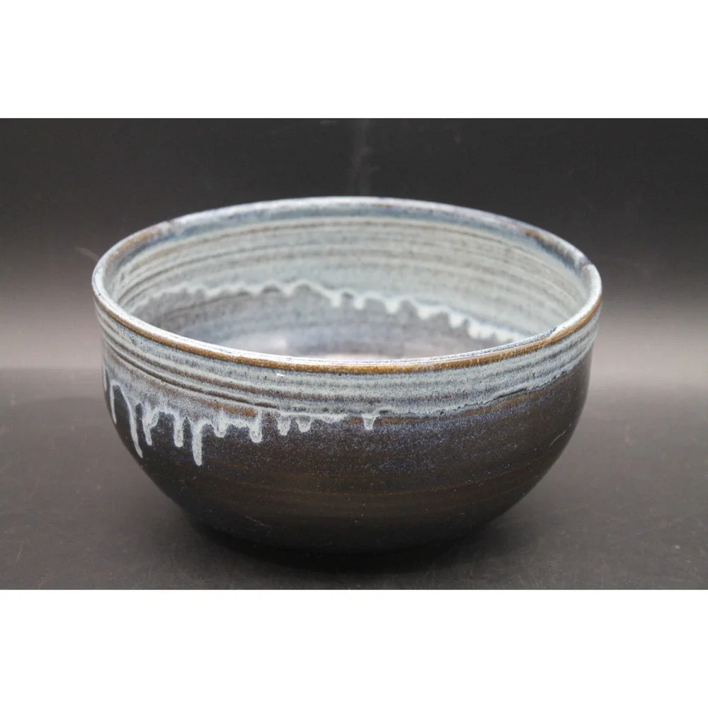 Signed Studio Art Pottery Bowl Blue Brown Drip Glaze 7.5